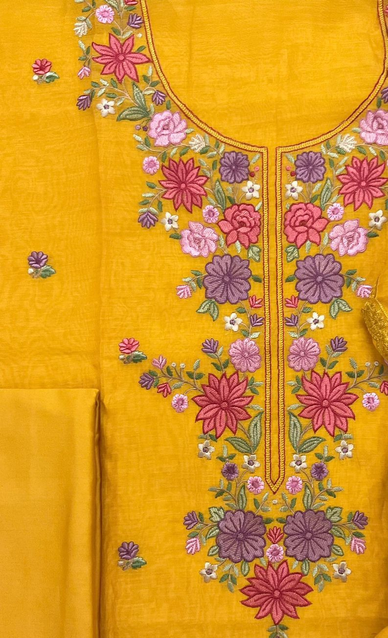 Pure Mul Chanderi Embroidered Suit - Yellow