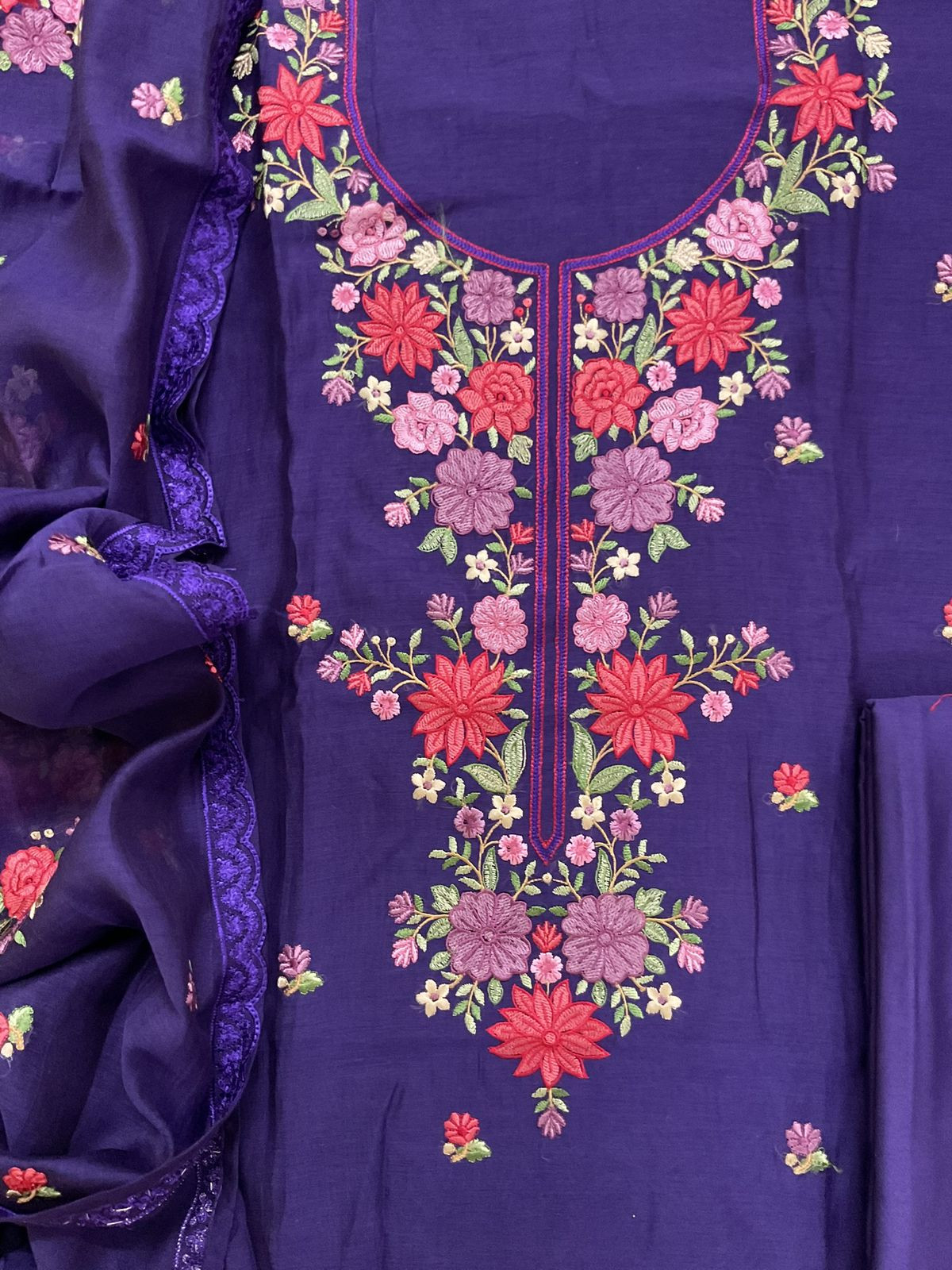Pure Mul Chanderi Embroidered Suit - Violet