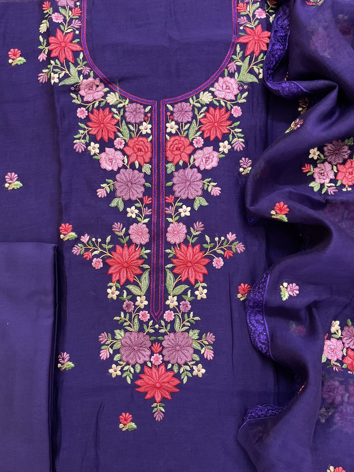 Pure Mul Chanderi Embroidered Suit - Violet