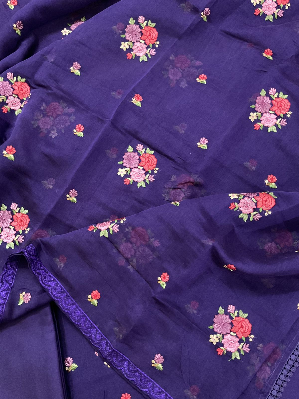 Pure Mul Chanderi Embroidered Suit - Violet