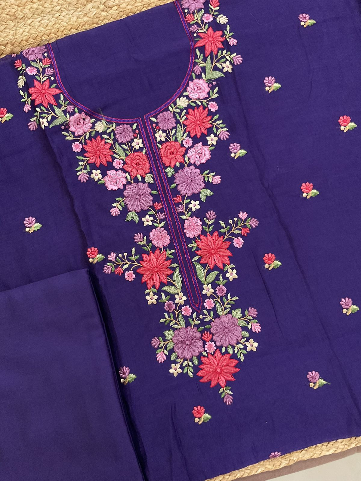 Pure Mul Chanderi Embroidered Suit - Violet