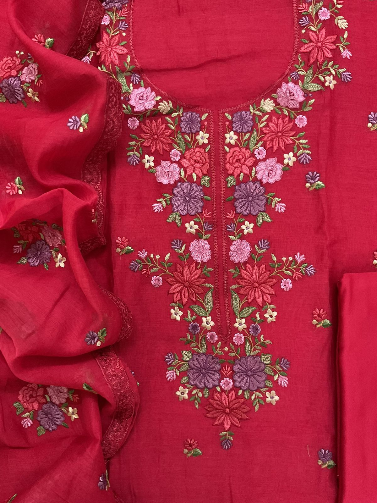 Pure Mul Chanderi Embroidered Suit - Red