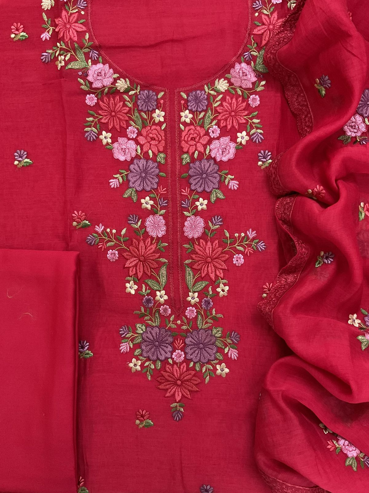 Pure Mul Chanderi Embroidered Suit - Red
