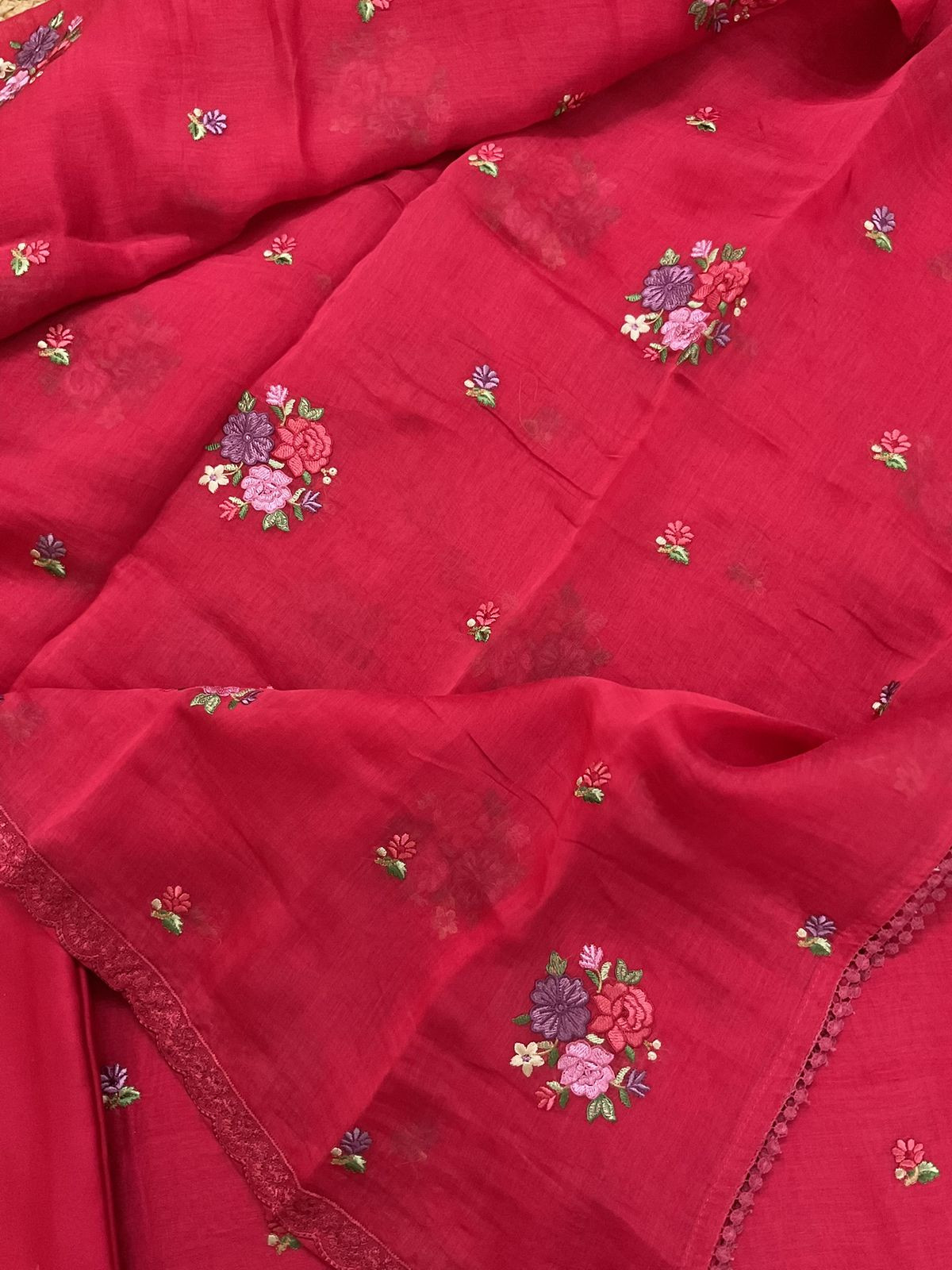 Pure Mul Chanderi Embroidered Suit - Red