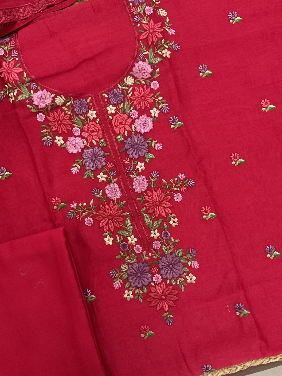 Pure Mul Chanderi Embroidered Suit - Red