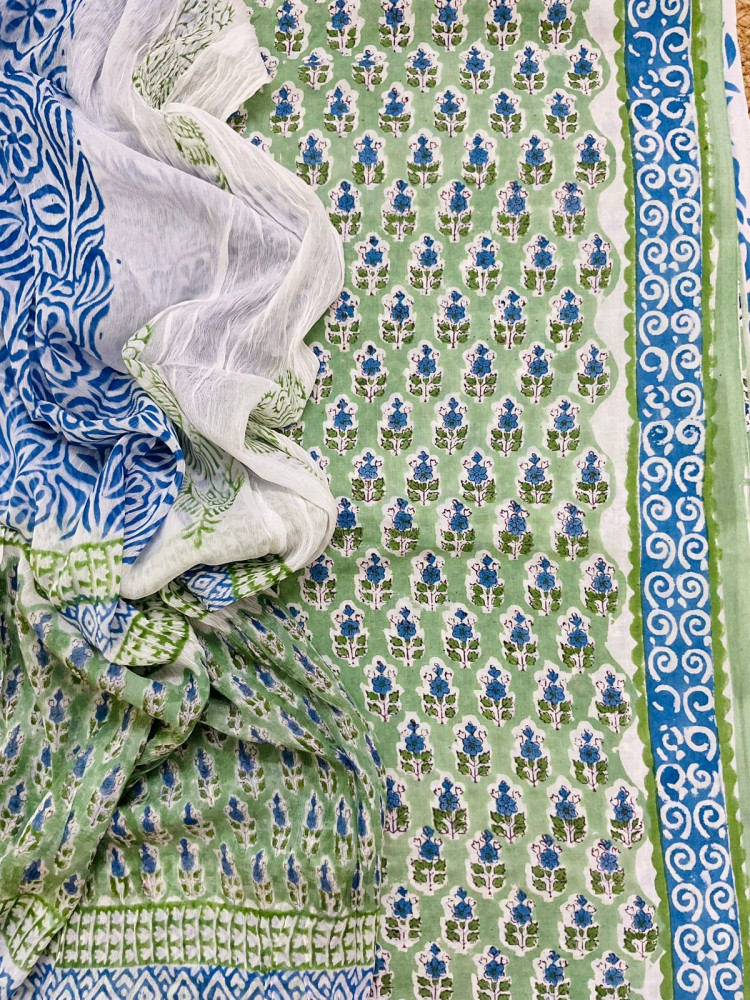 Image of Pure Mul Cotton Block Printed Suit - Green