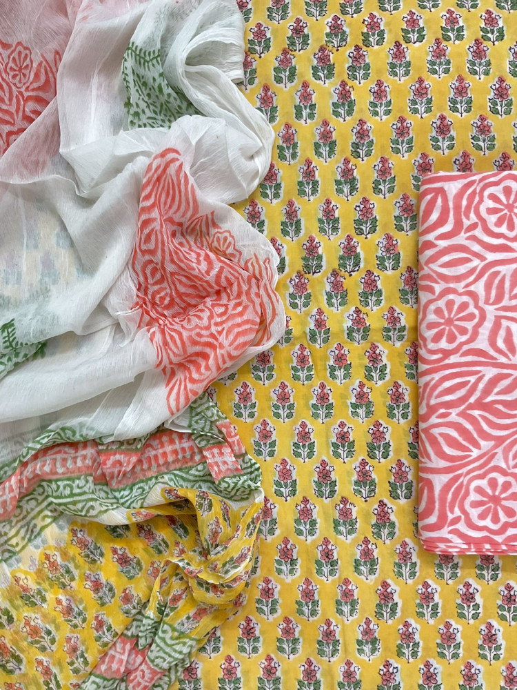 Image of Pure Mul Cotton Block Printed Suit - Yellow