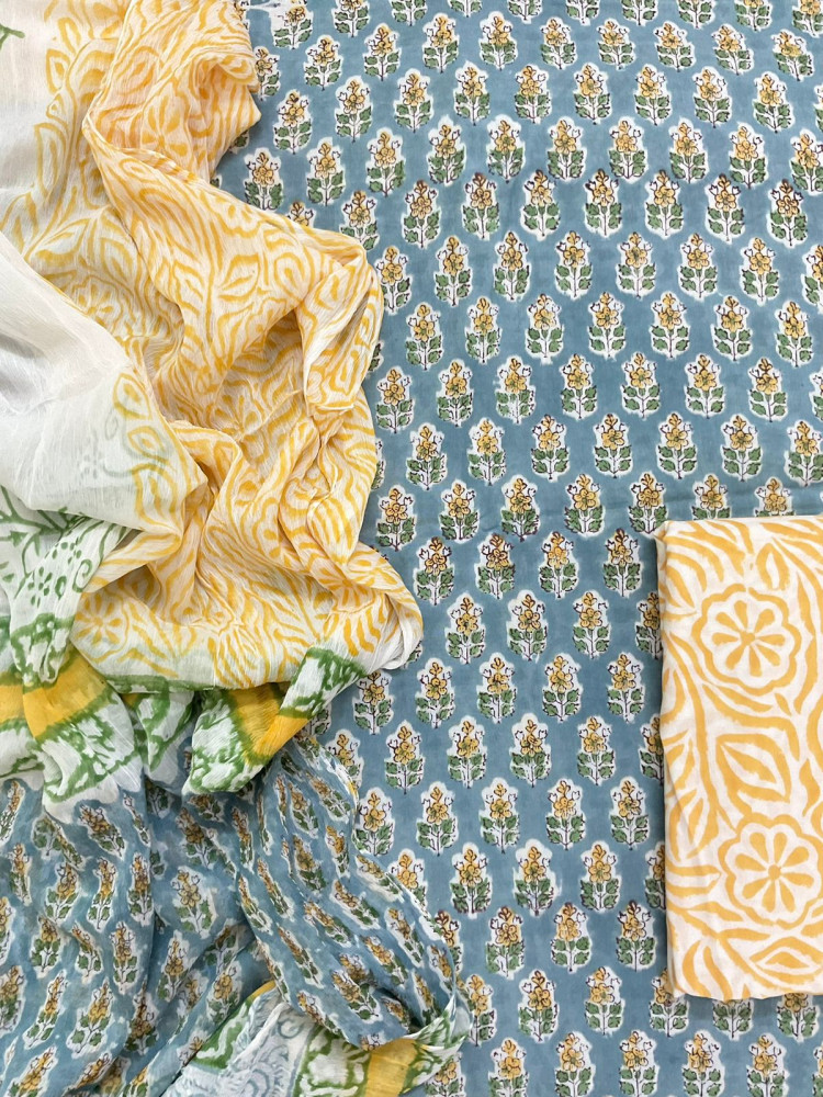 Image of Pure Mul Cotton Block Printed Suit - Blue