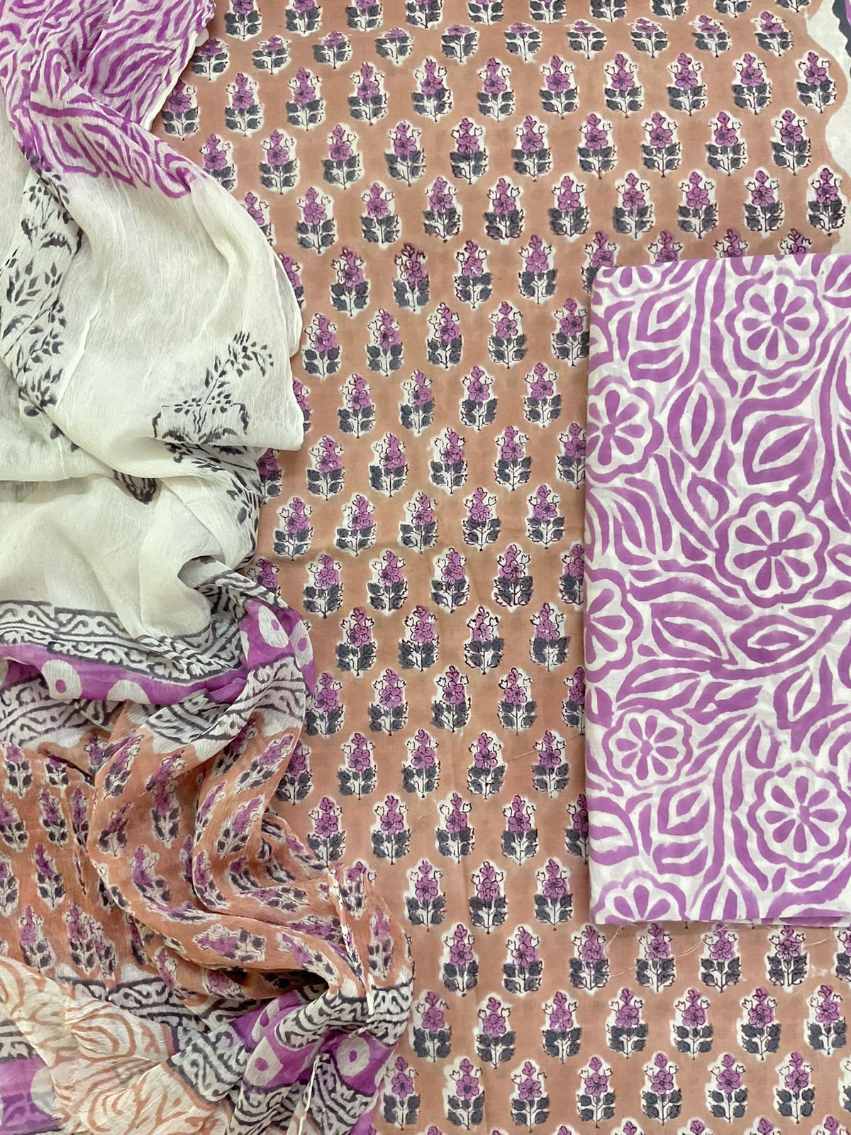 Pure Mul Cotton Block Printed Suit - Beige