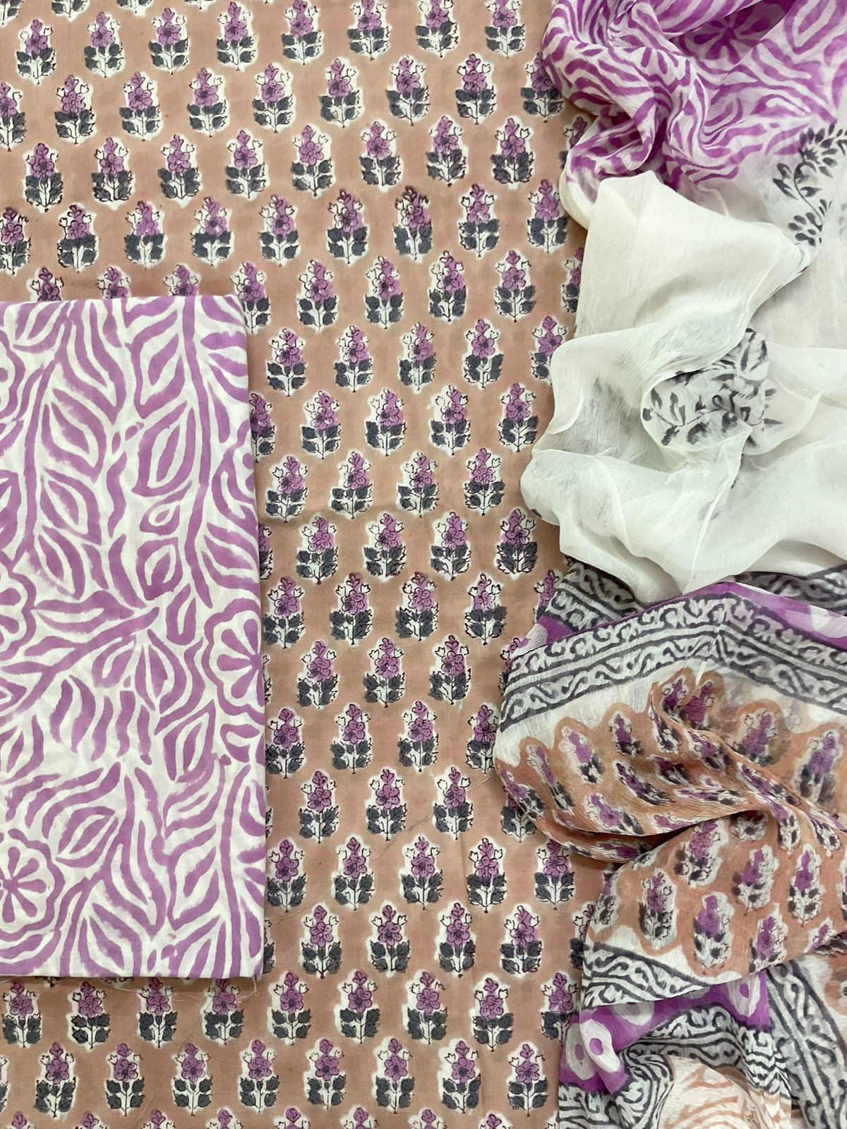 Pure Mul Cotton Block Printed Suit - Beige