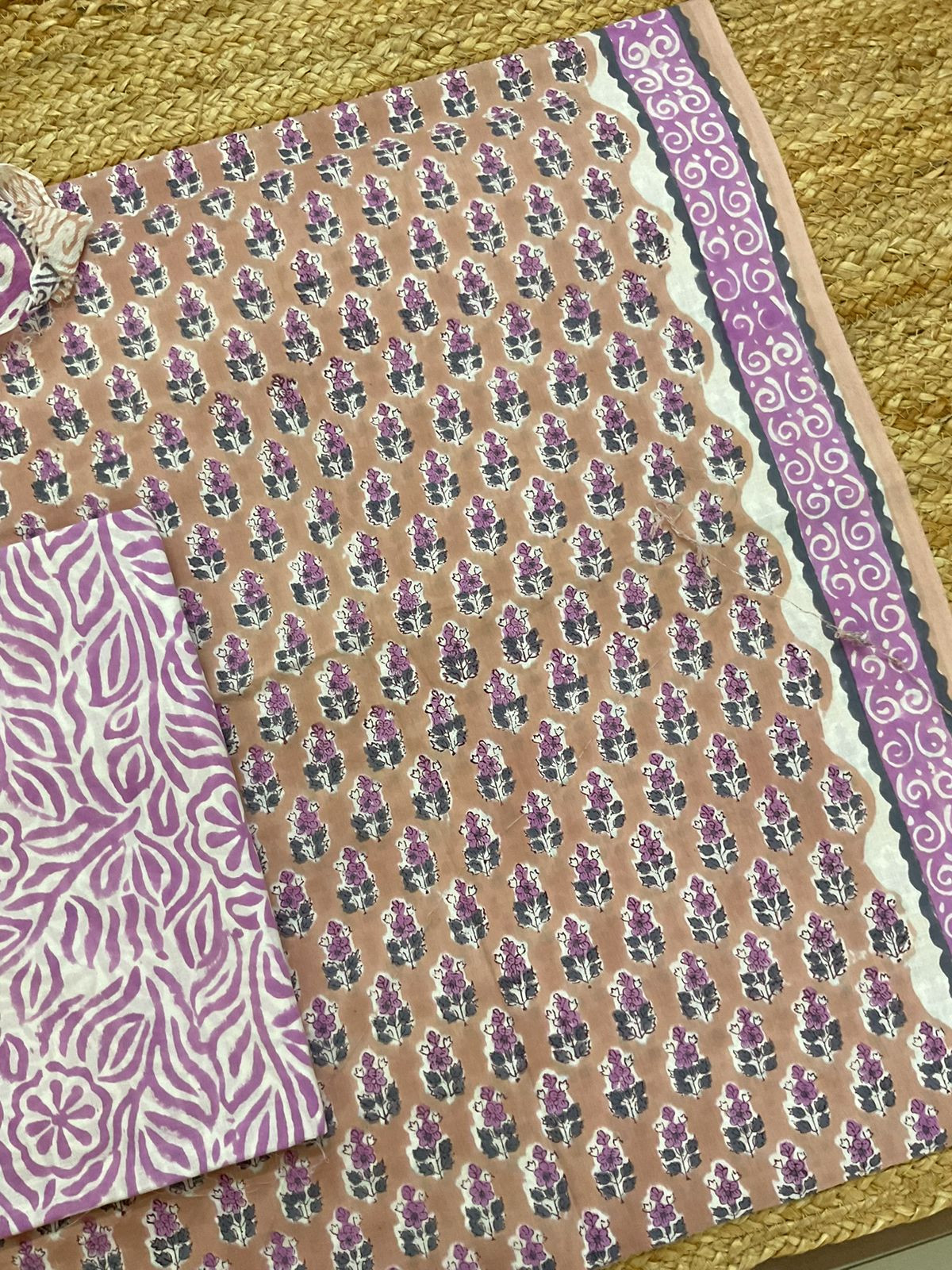 Pure Mul Cotton Block Printed Suit - Beige