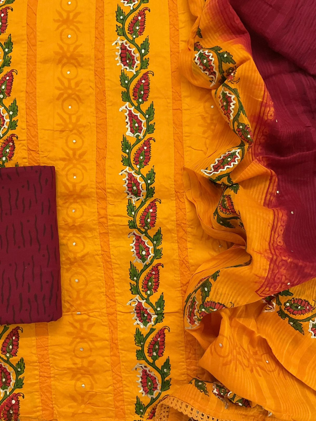 Pure Cotton Printed Embroidered Suit - Orange