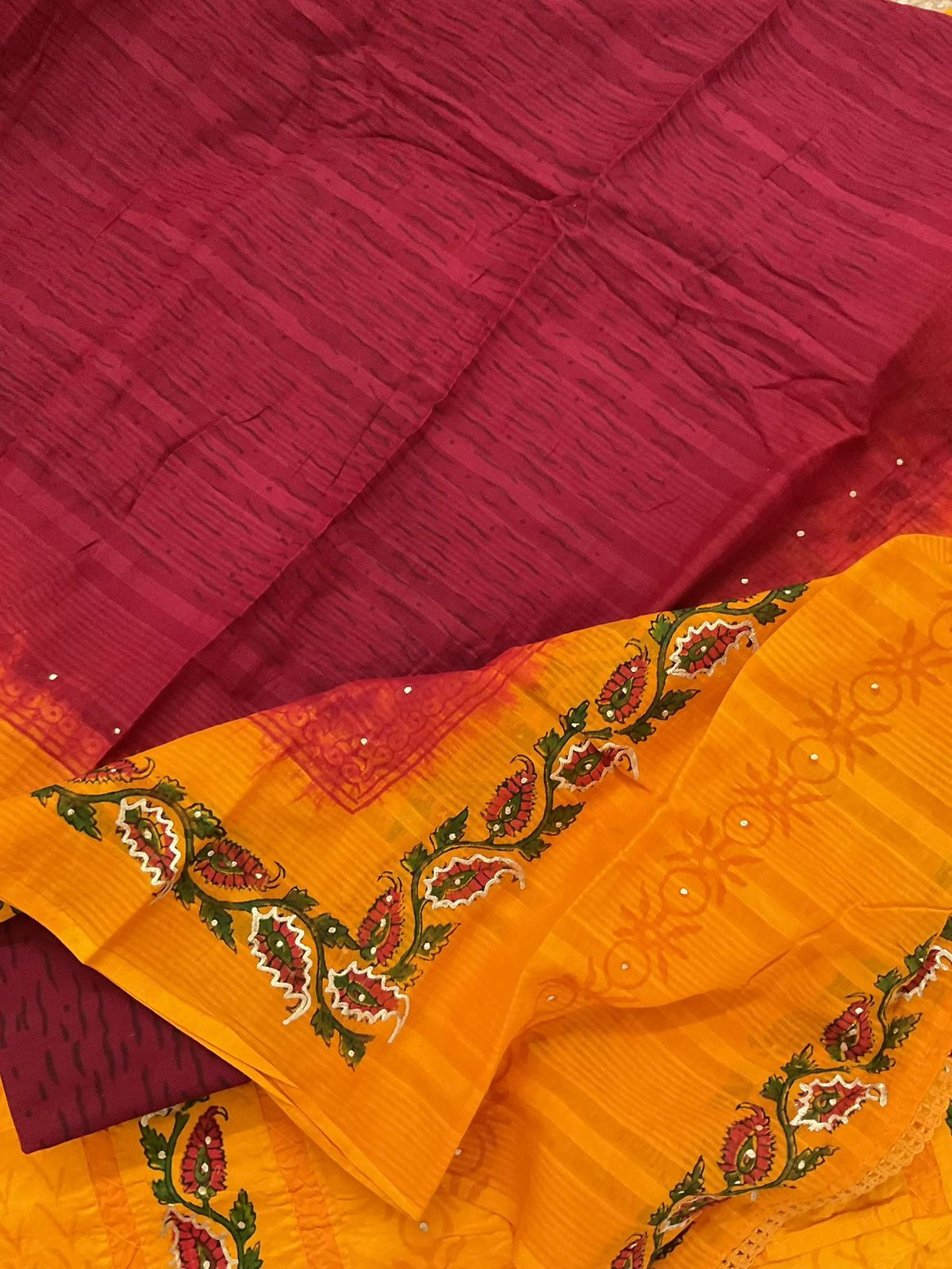 Pure Cotton Printed Embroidered Suit - Orange