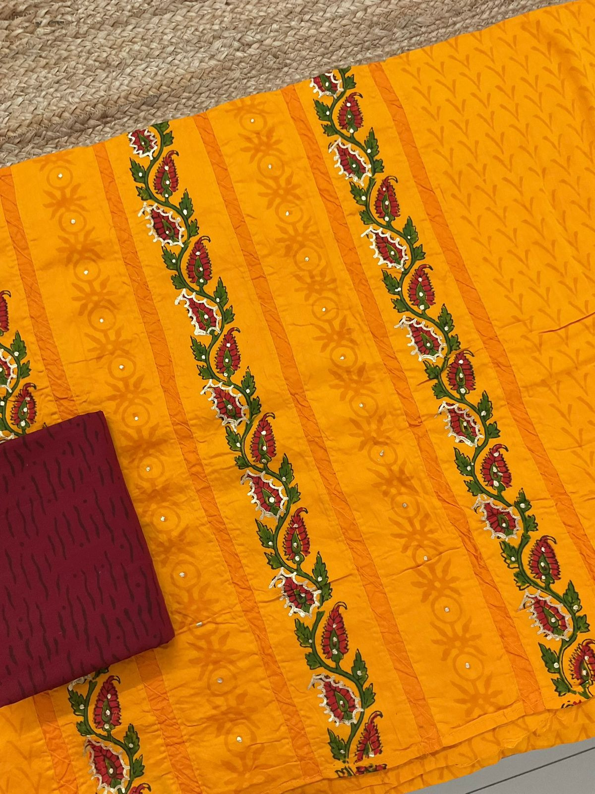 Pure Cotton Printed Embroidered Suit - Orange