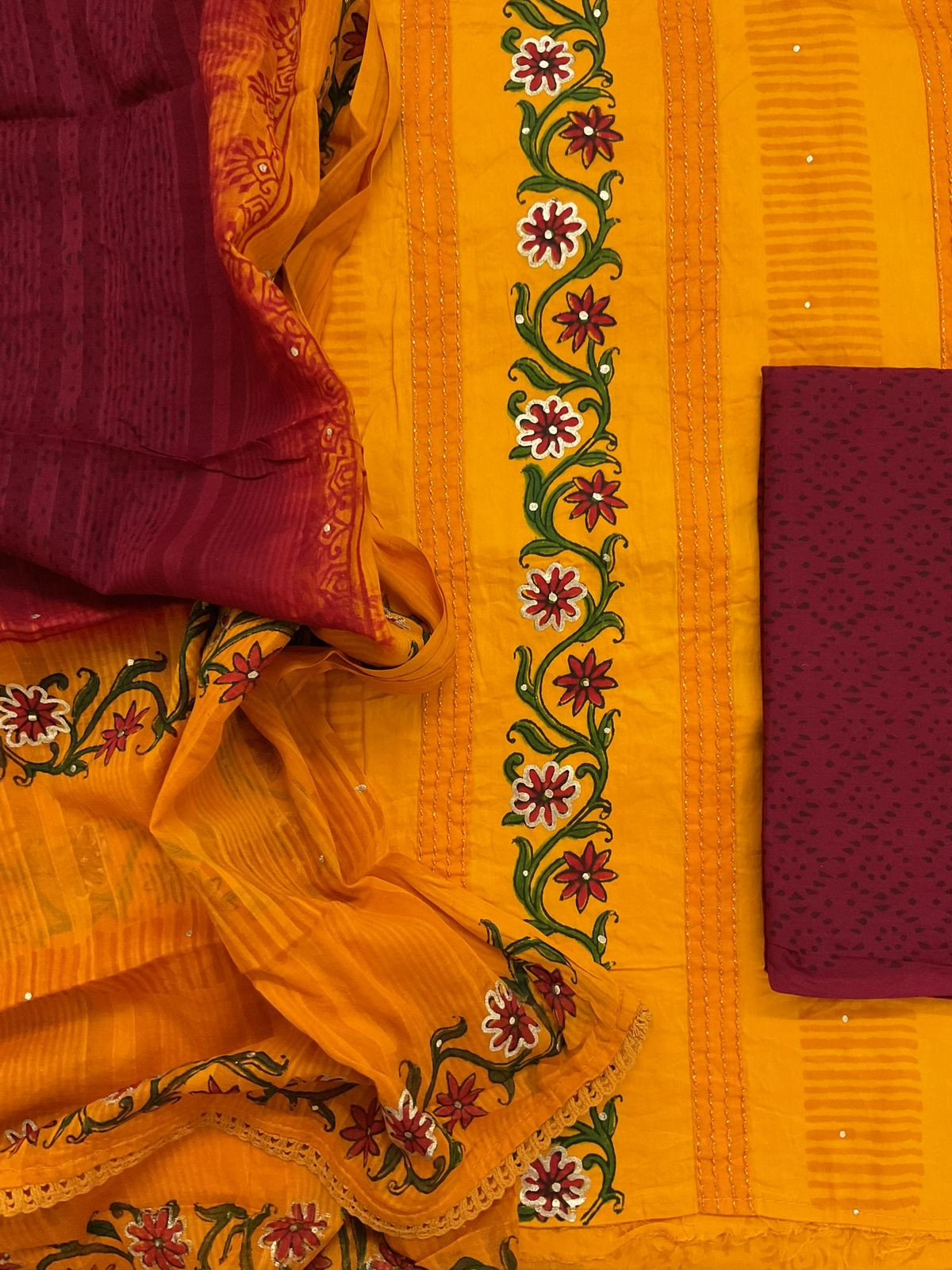 Pure Cotton Printed Embroidered Suit - Orange