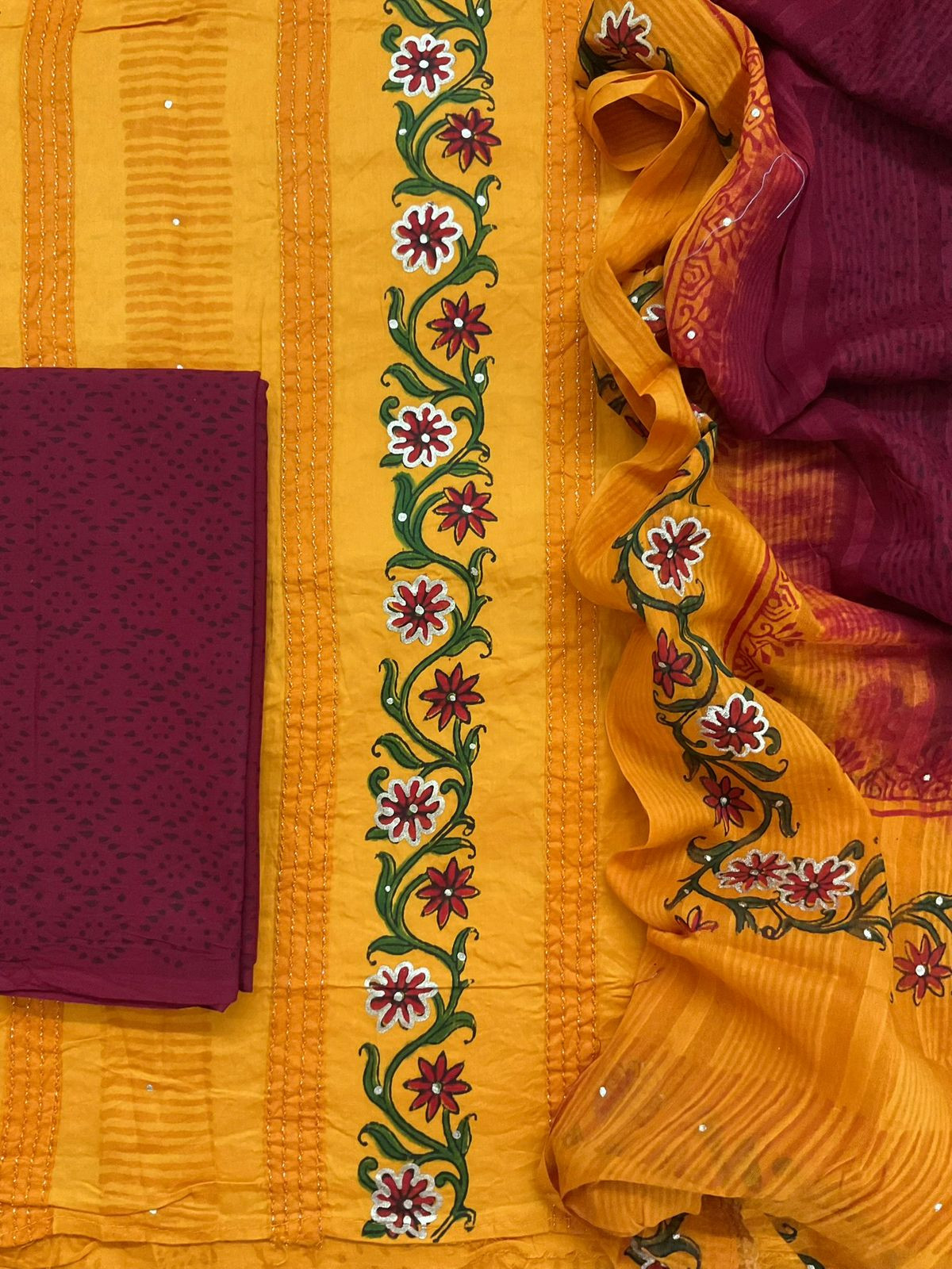 Pure Cotton Printed Embroidered Suit - Orange