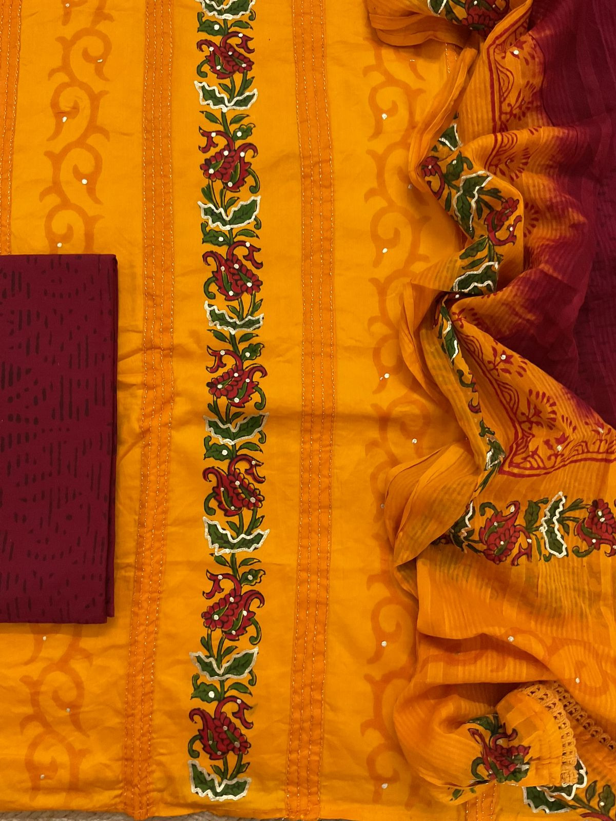 Pure Cotton Printed Embroidered Suit - Orange