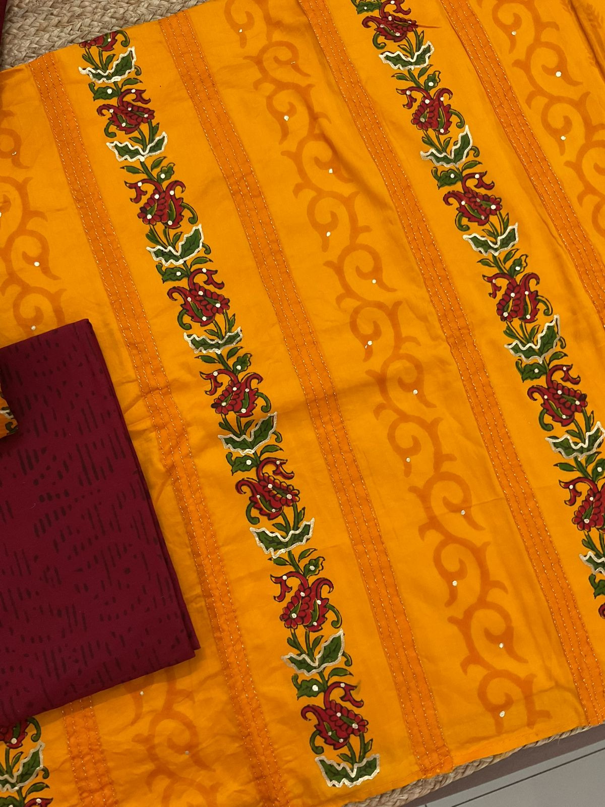 Pure Cotton Printed Embroidered Suit - Orange