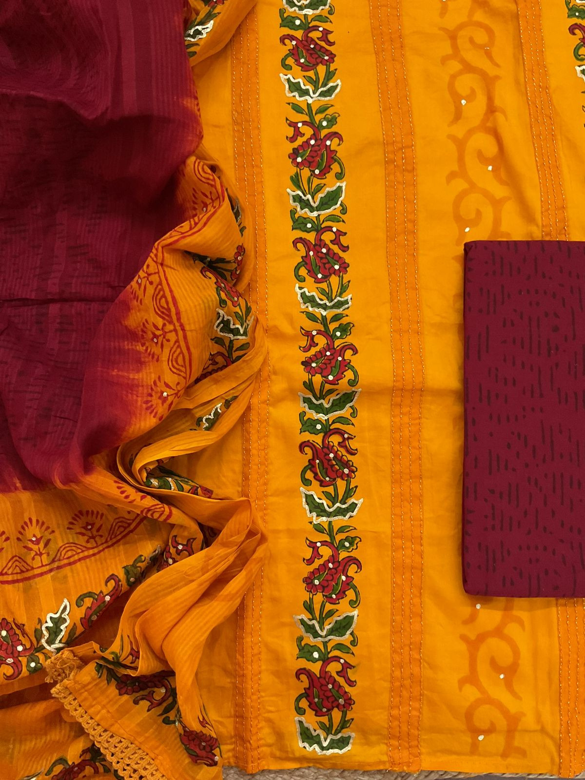 Pure Cotton Printed Embroidered Suit - Orange