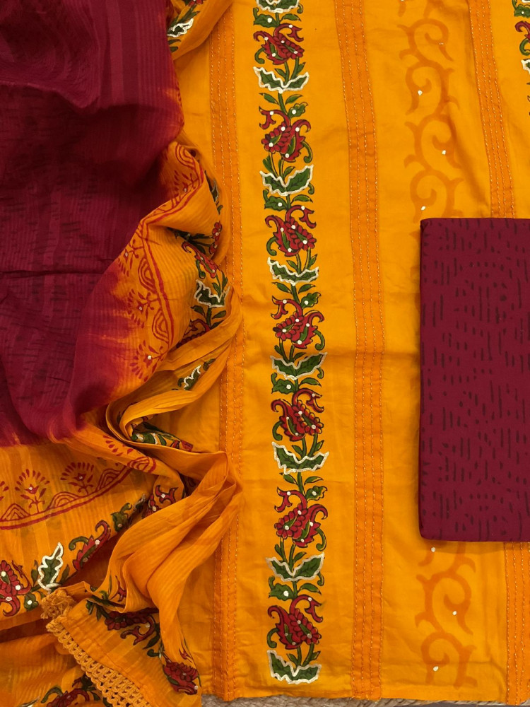 Image of Pure Cotton Printed Embroidered Suit - Orange