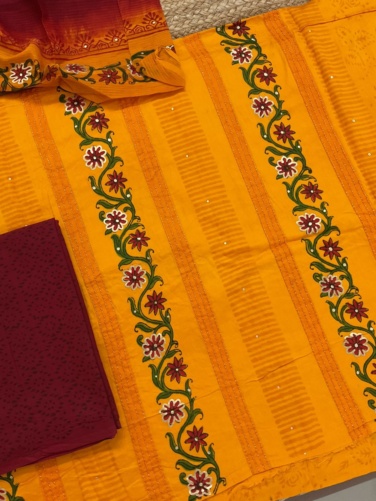 Pure Cotton Printed Embroidered Suit - Orange