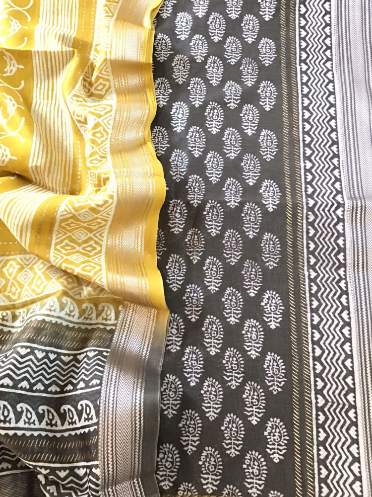 Image of Pure Maheshwari Silk Printed Suit - Grey