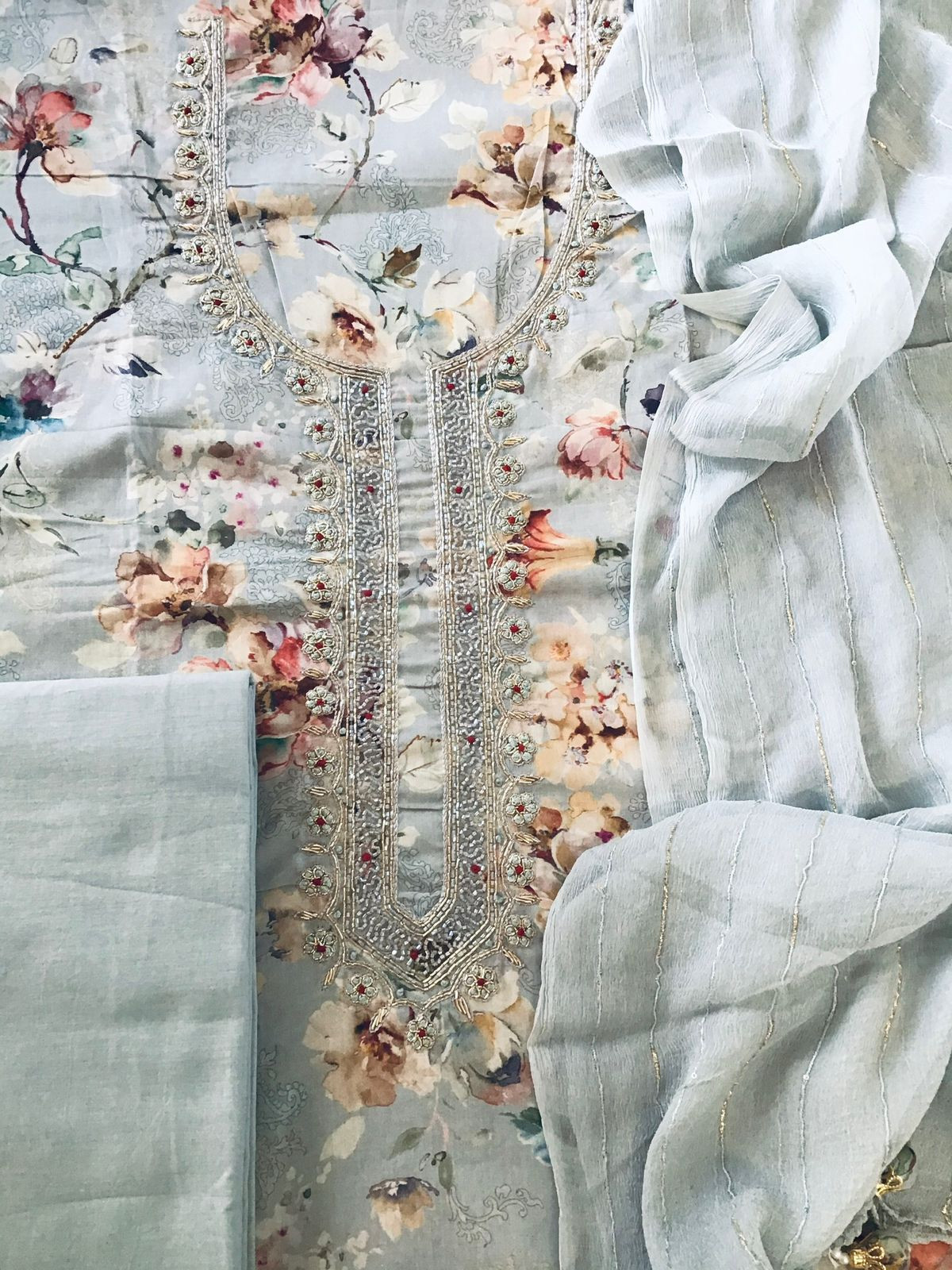 Pure Cotton Printed Embroidered Suit - Grey