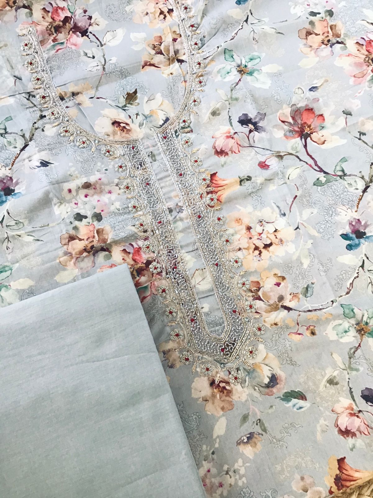 Pure Cotton Printed Embroidered Suit - Grey