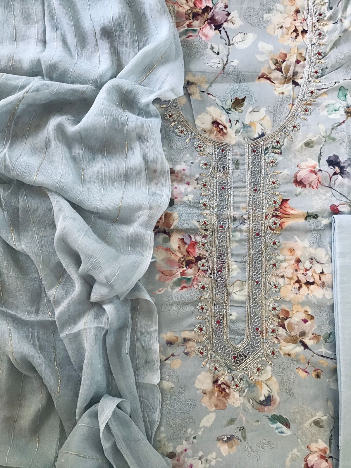 Pure Cotton Printed Embroidered Suit - Grey