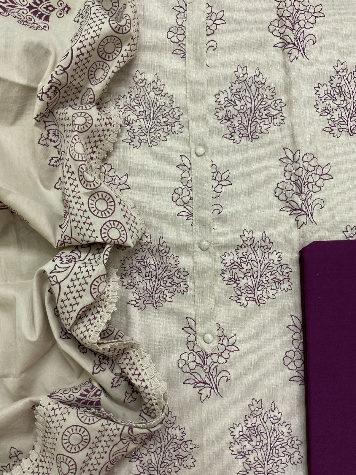 Soft Slub Cotton Printed Embroidered Suit - Beige