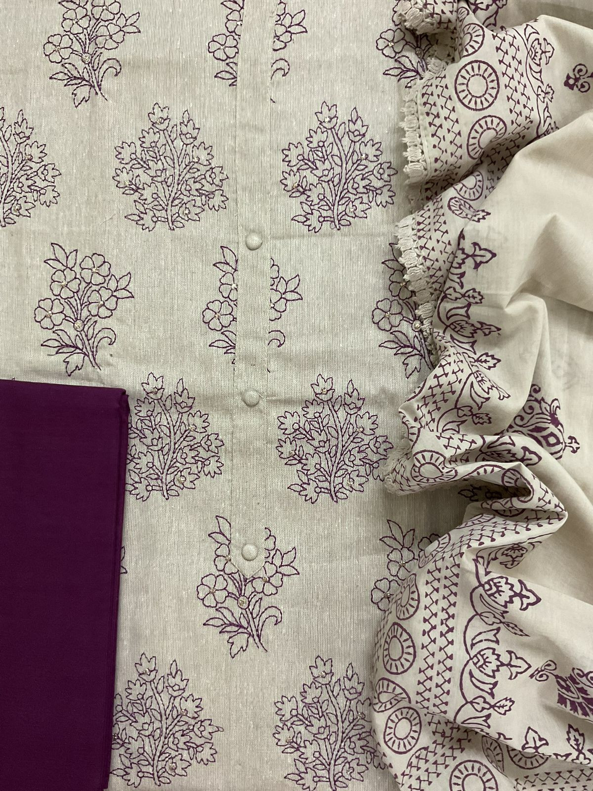 Soft Slub Cotton Printed Embroidered Suit - Beige