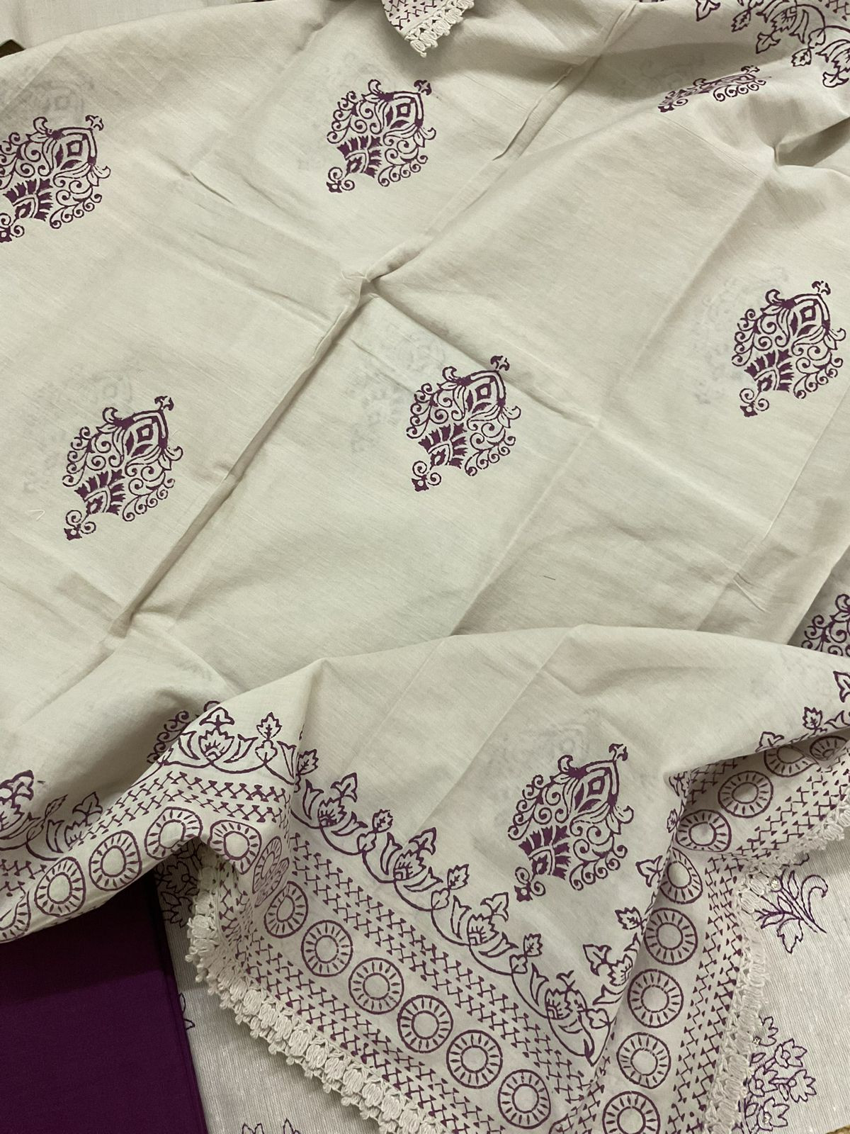 Soft Slub Cotton Printed Embroidered Suit - Beige