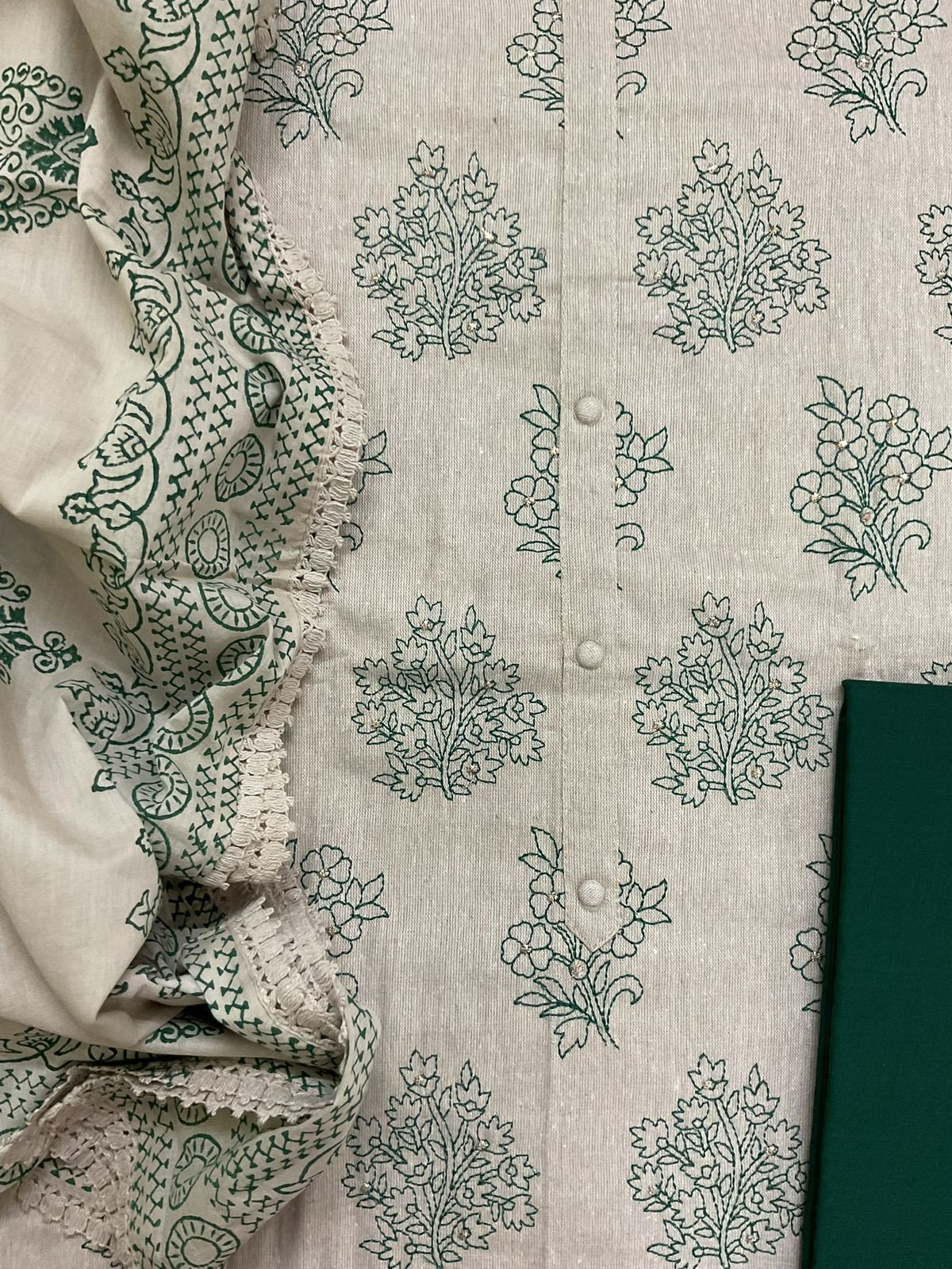 Soft Slub Cotton Printed Embroidered Suit - Beige