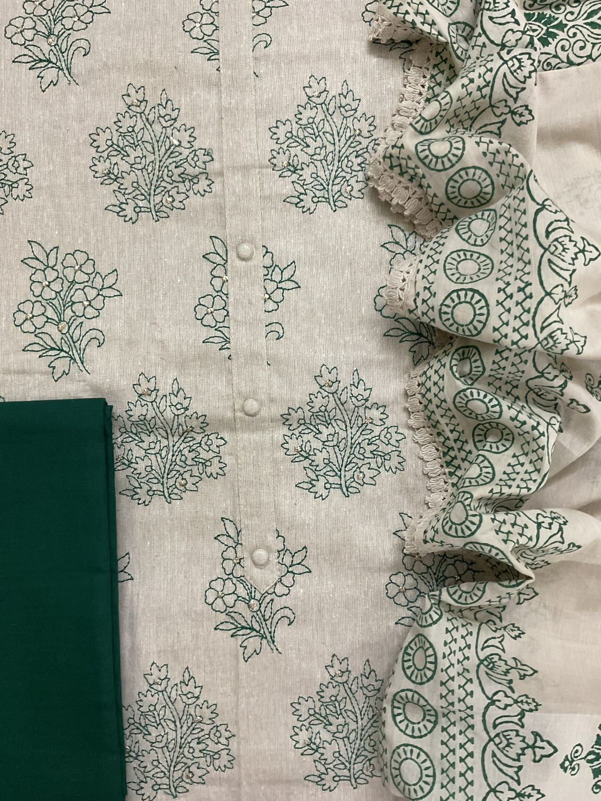 Soft Slub Cotton Printed Embroidered Suit - Beige