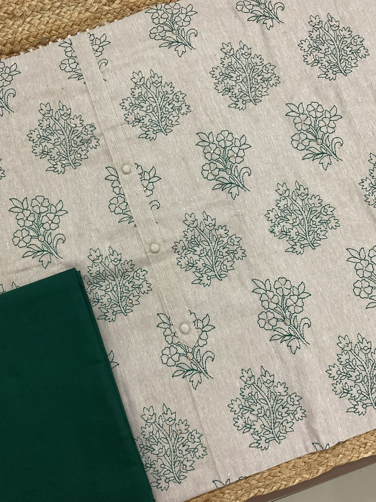 Soft Slub Cotton Printed Embroidered Suit - Beige