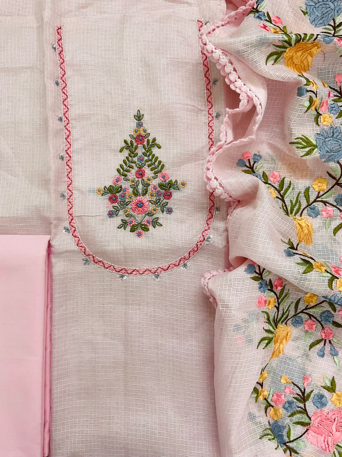 Soft Kota Silk Embroidered Suit - Pink