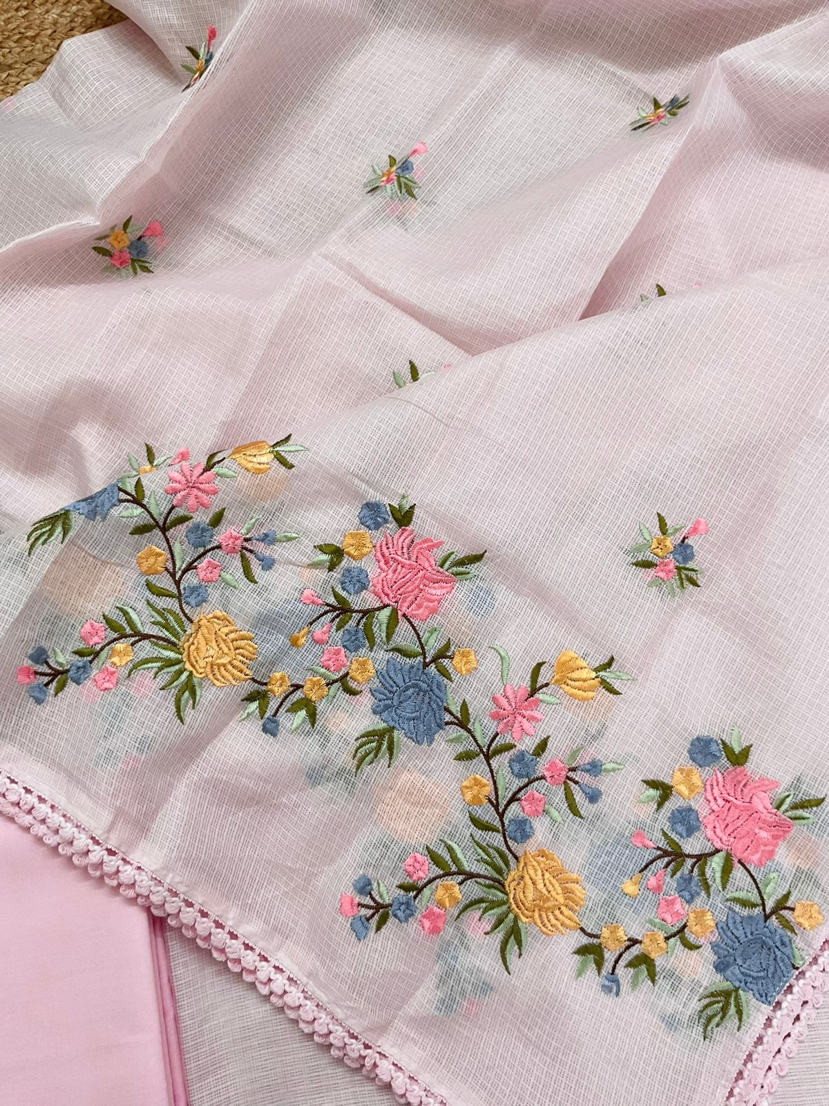 Soft Kota Silk Embroidered Suit - Pink