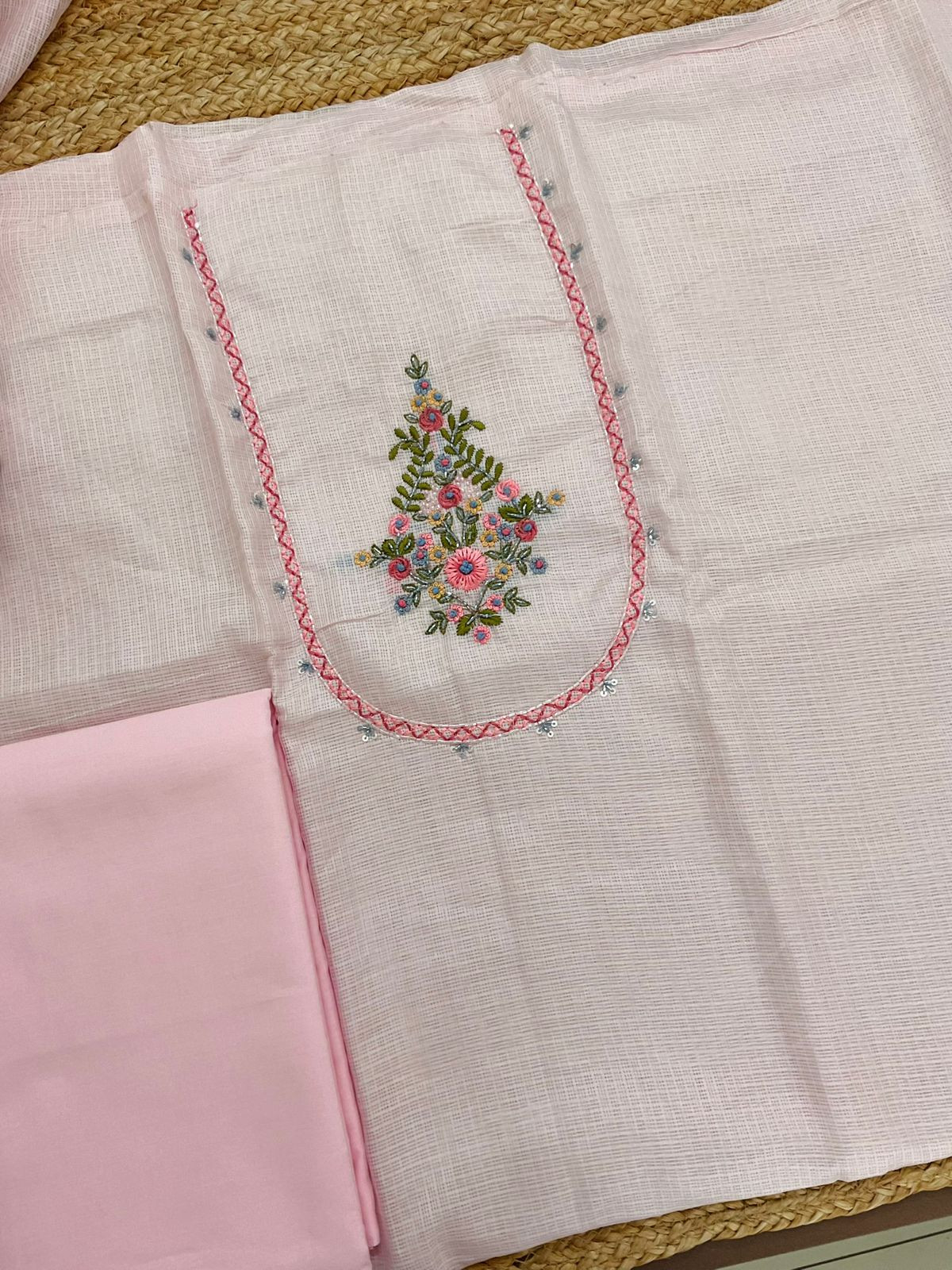 Soft Kota Silk Embroidered Suit - Pink