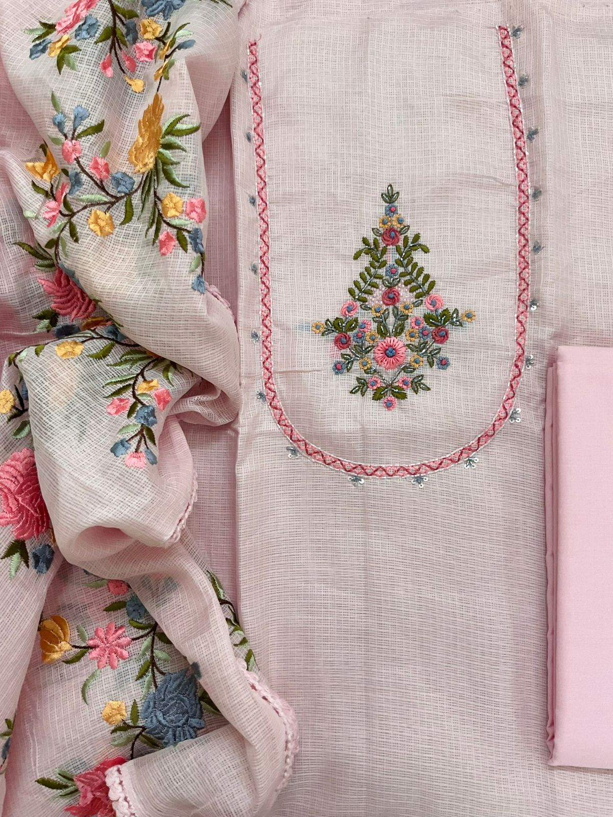 Soft Kota Silk Embroidered Suit - Pink