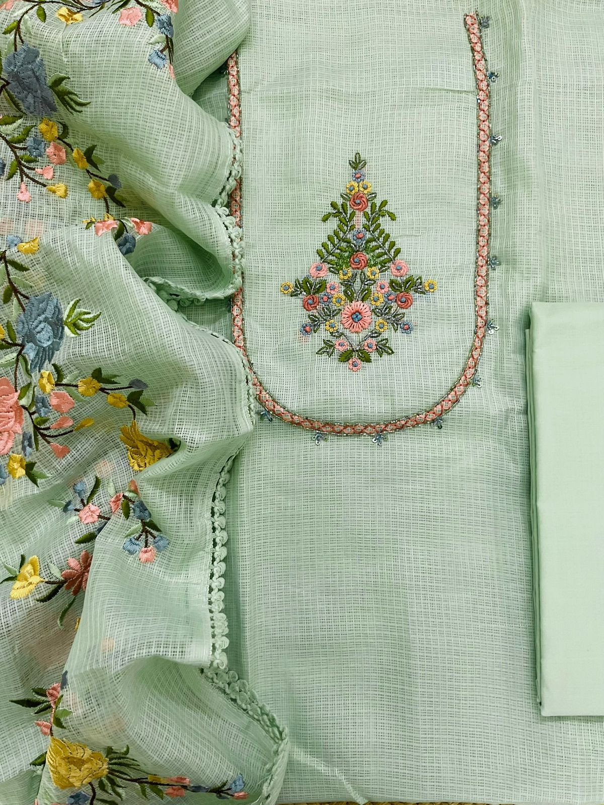 Soft Kota Silk Embroidered Suit - Green