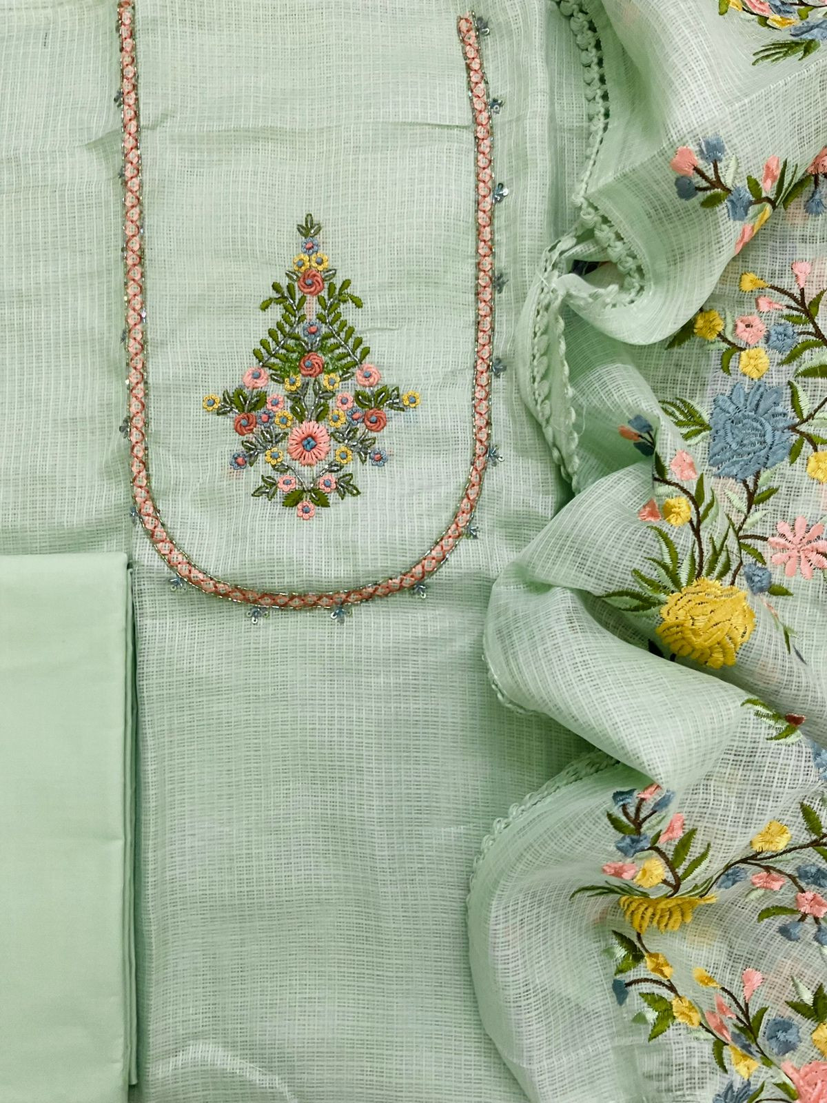 Soft Kota Silk Embroidered Suit - Green