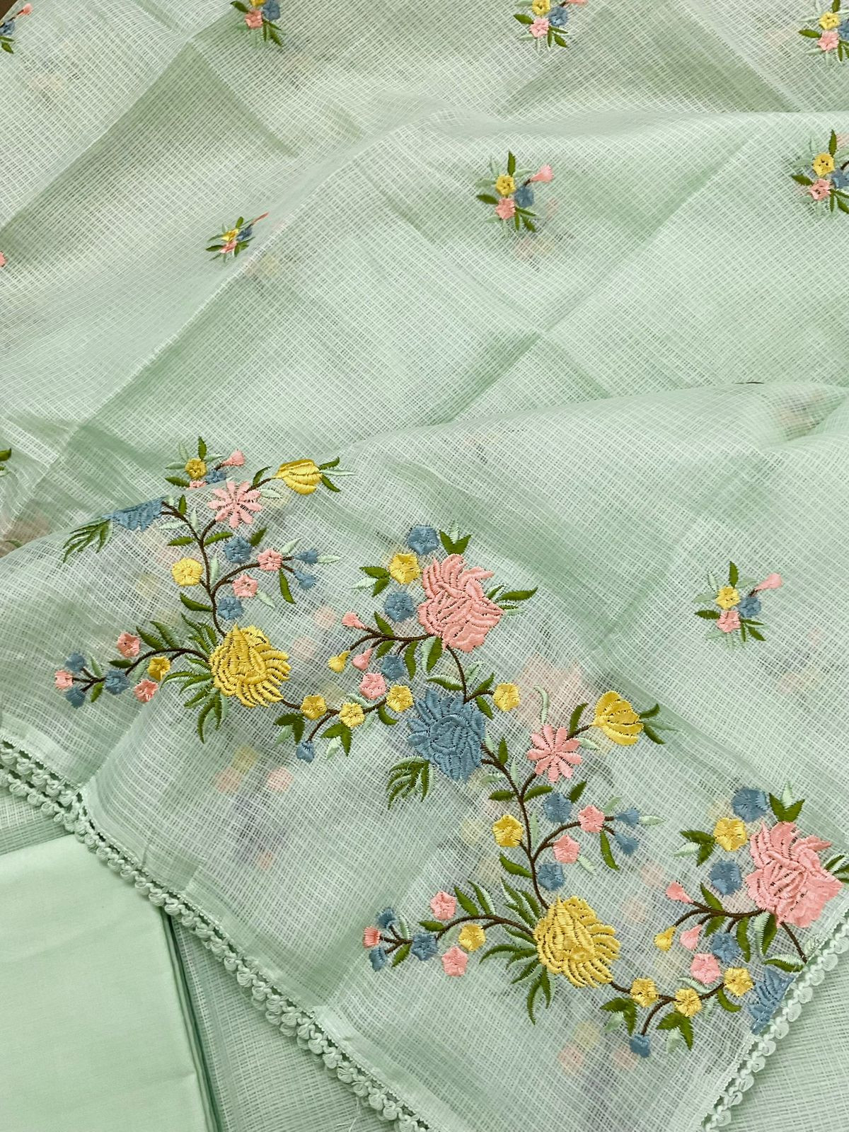 Soft Kota Silk Embroidered Suit - Green