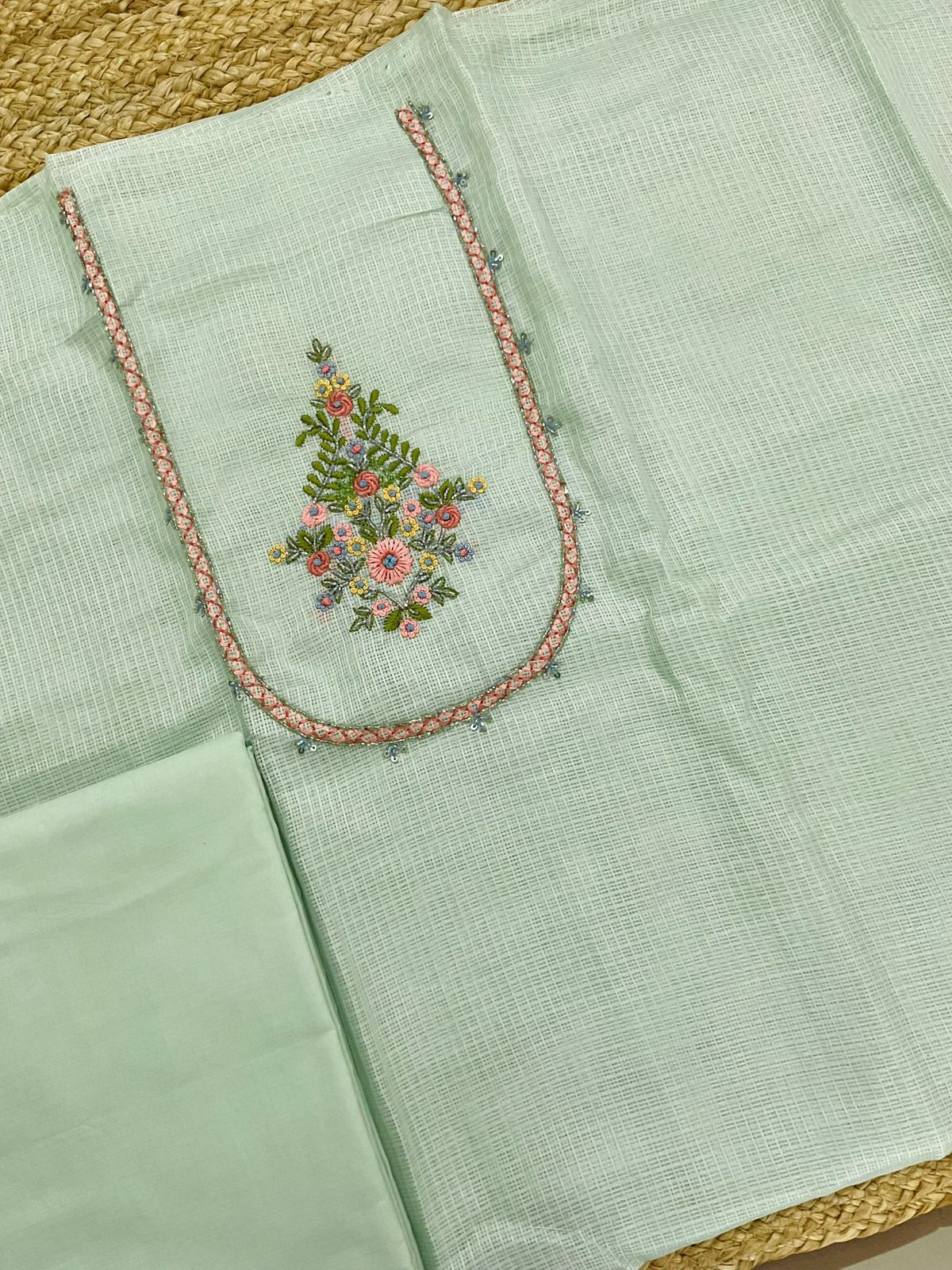 Soft Kota Silk Embroidered Suit - Green
