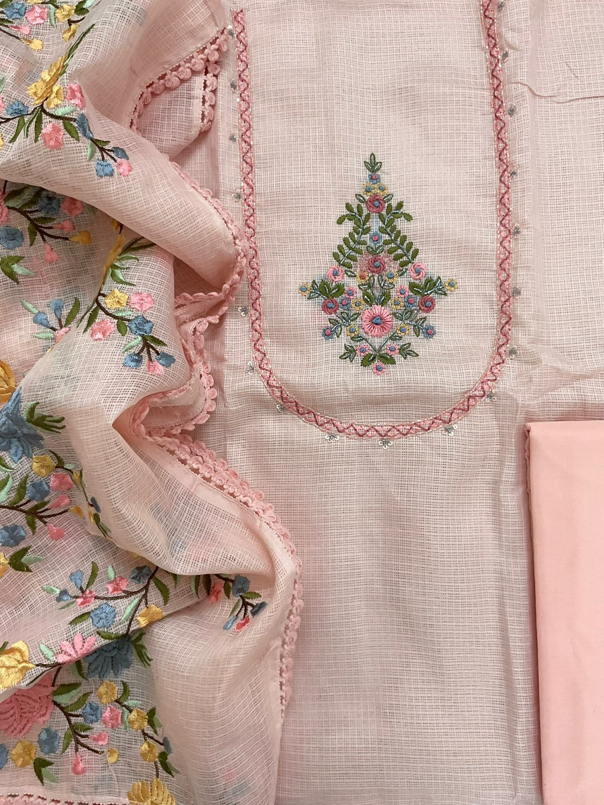 Soft Kota Silk Embroidered Suit - Peach