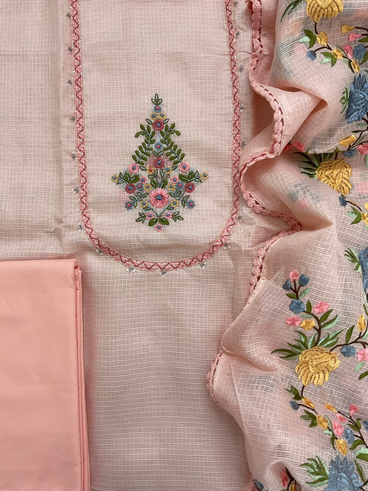 Soft Kota Silk Embroidered Suit - Peach