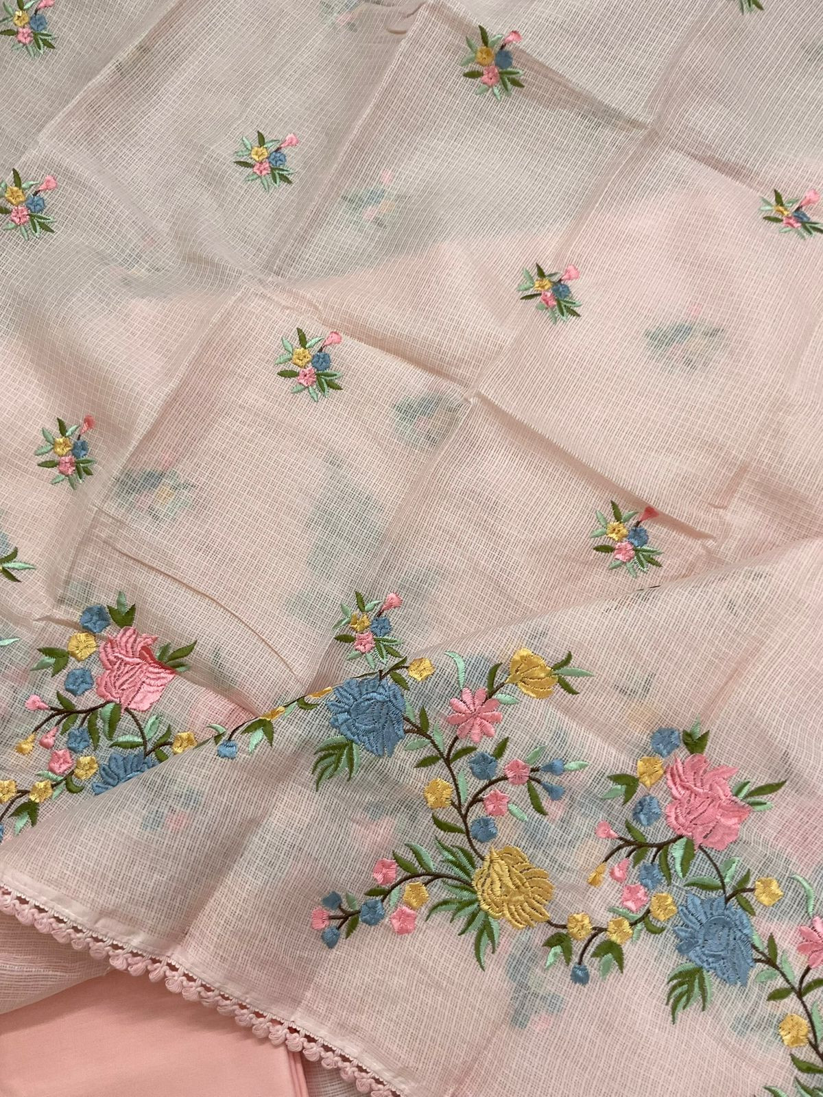 Soft Kota Silk Embroidered Suit - Peach