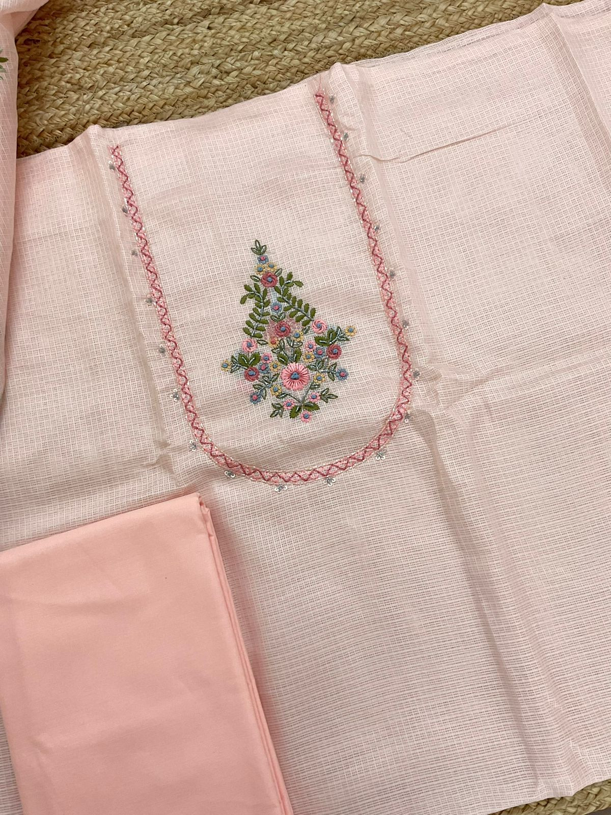 Soft Kota Silk Embroidered Suit - Peach