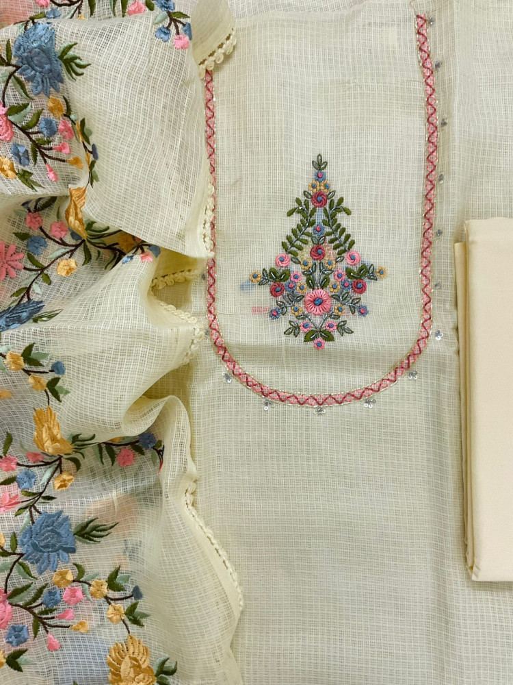 Image of Soft Kota Silk Embroidered Suit - Yellow