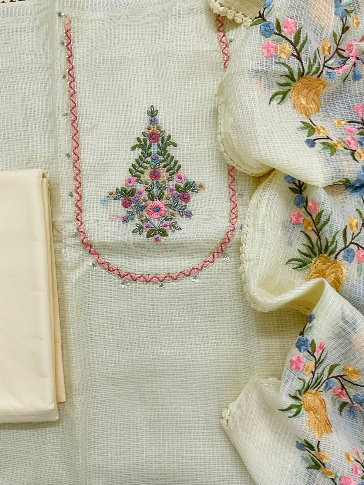 Soft Kota Silk Embroidered Suit - Yellow