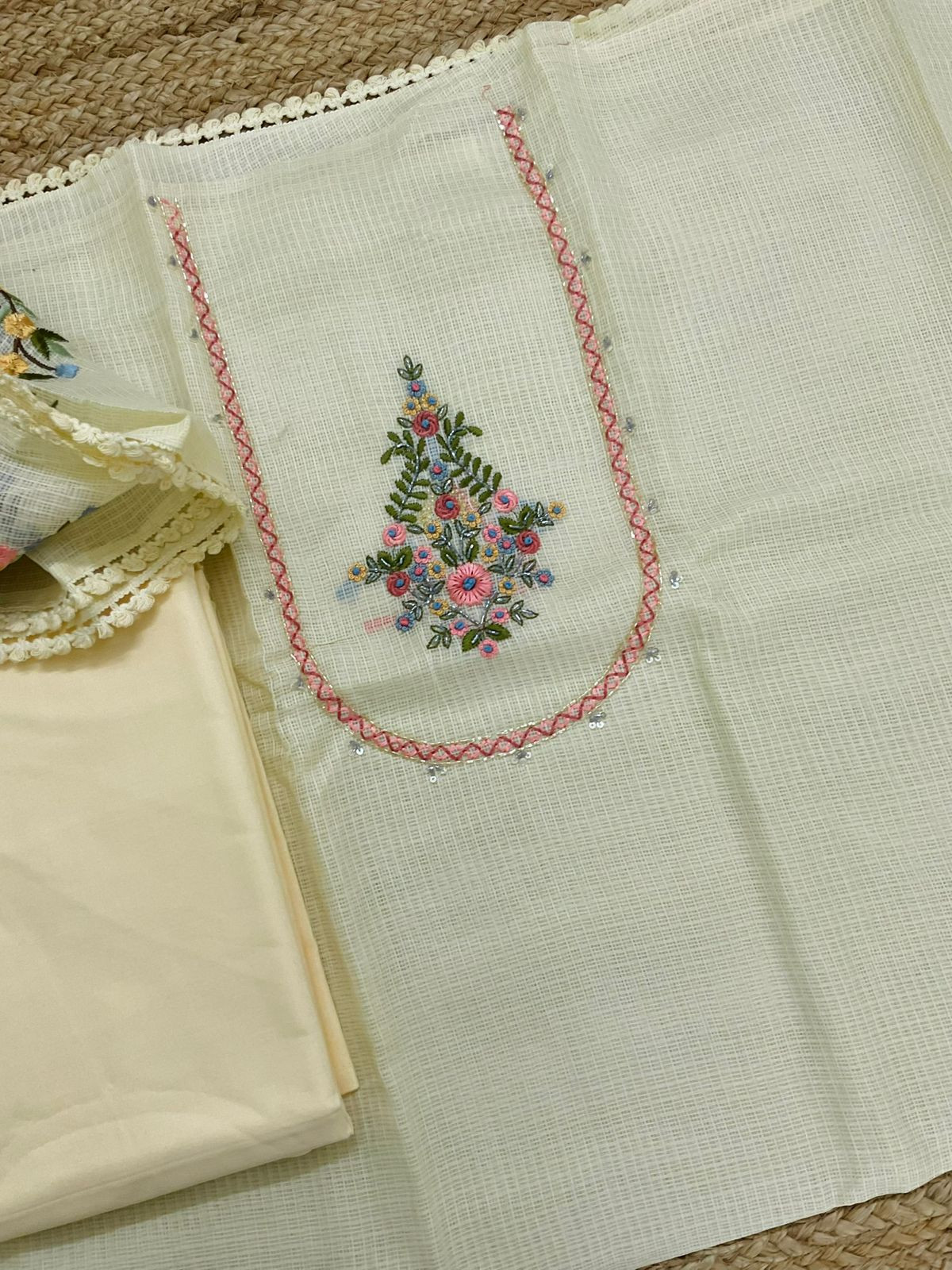 Soft Kota Silk Embroidered Suit - Yellow